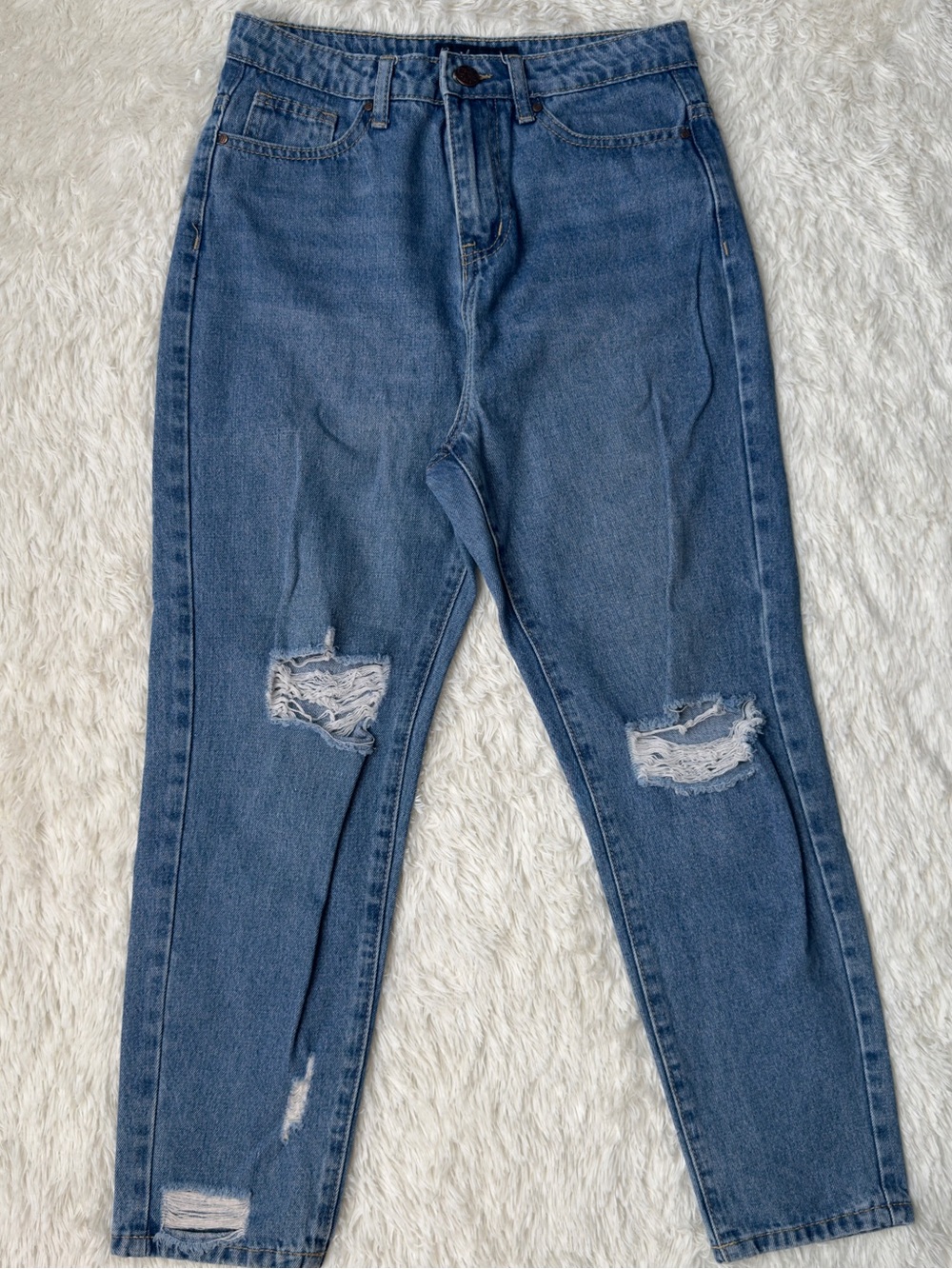High-Rise Distressed Women's Jeans in Medium Blue - Picture 1 of 3